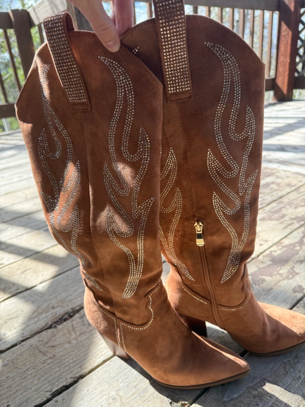 Suede Embellished Western Heeled Boots - Brown